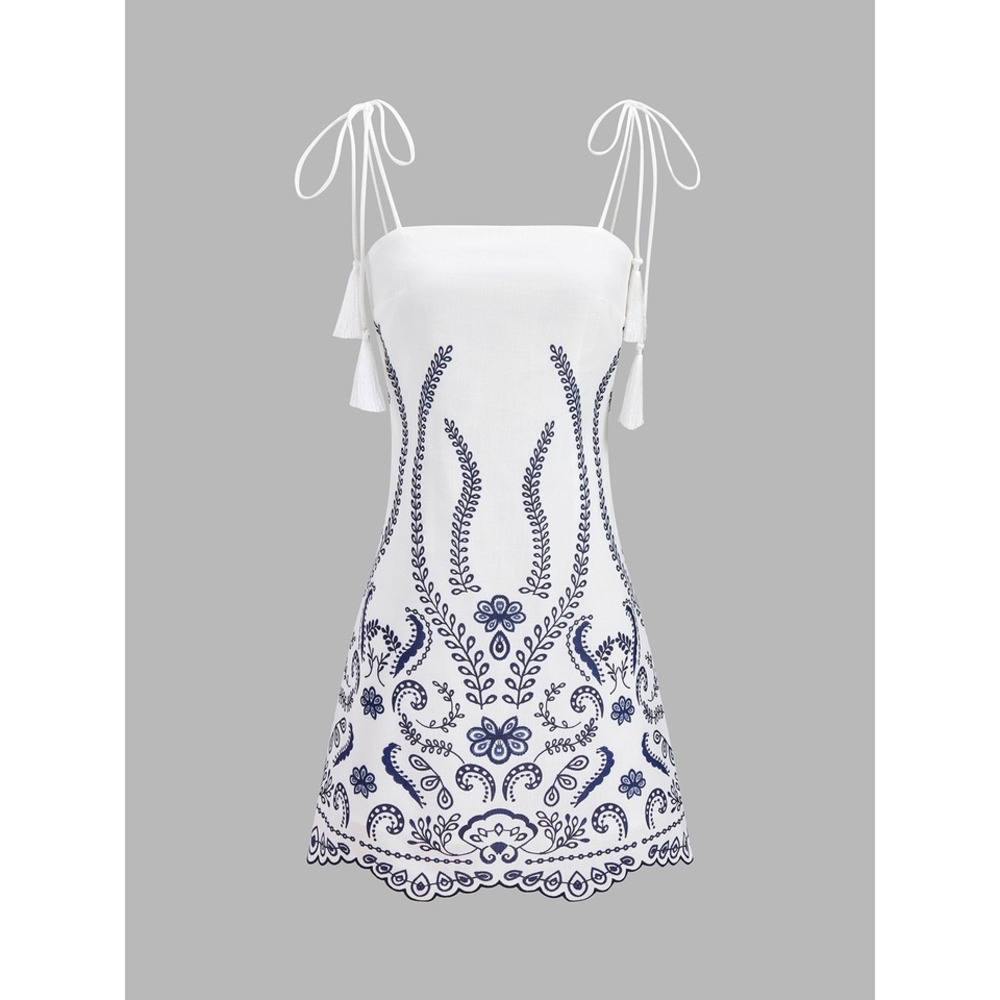 Commense Embroidered Mini Dress Tie Shoulders Women Medium Blue White New W/ Tag